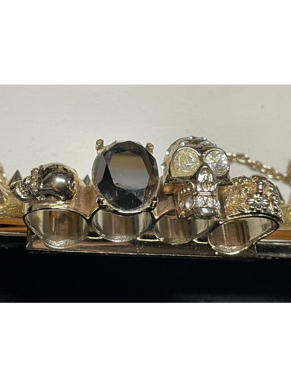 Edgy style Gold Spike Evening Clutch/ crossbody bag with skull knuckle handle - Picture 7 of 13
